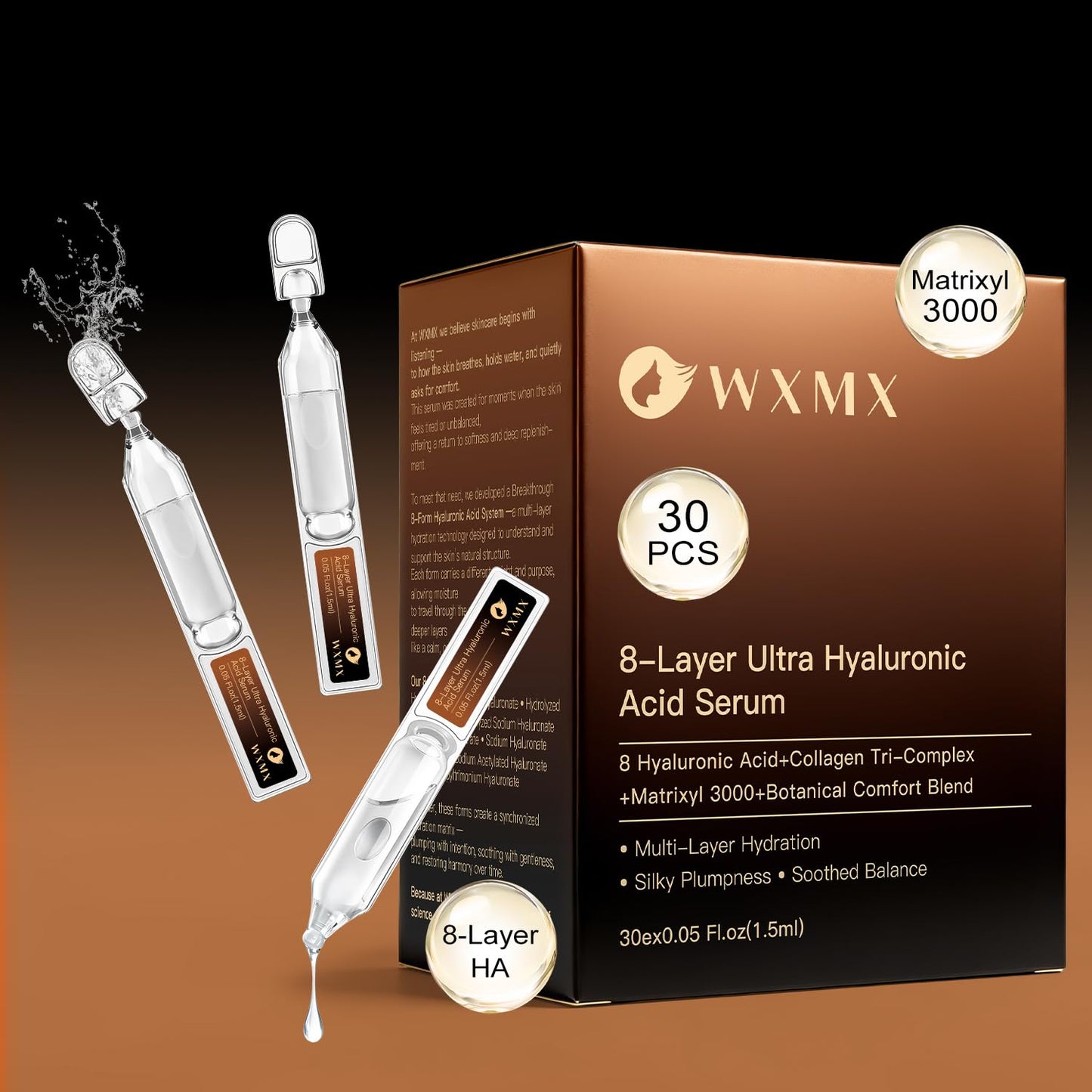 WXMX Ultra Hyaluronic Acid Serum for face with 8 Types of HA - 80,000 ppm HA Complex, Matrixyl 3000, Collagen Tri- Complex & Peptides, Multi-Layer Hydration Anti-Aging Face Serum