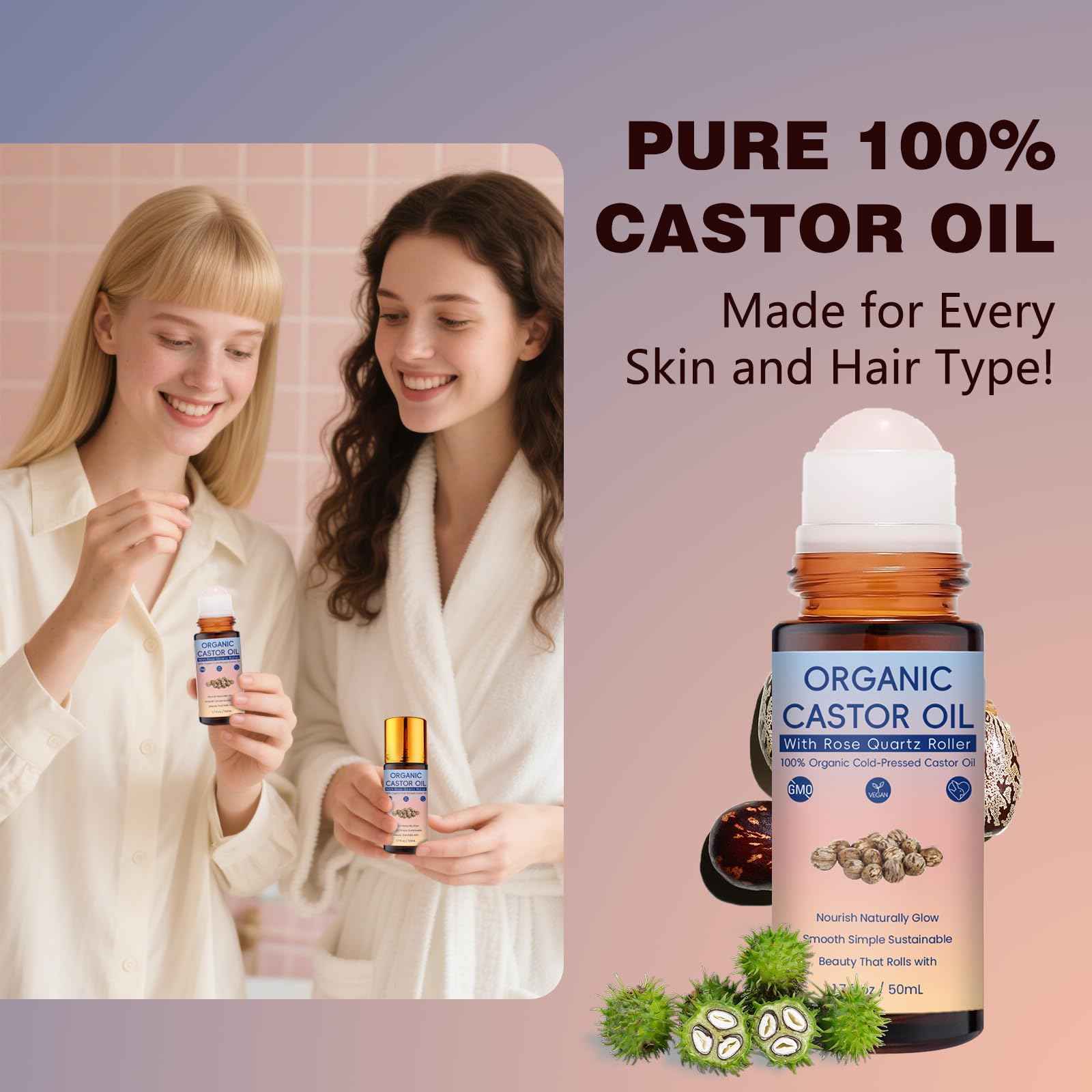 LkknQget Organic Castor Oil with Rose Quartz Roller,100% Pure Cold-Pressed Organic Castor Oil Roller Ball,Face & Skin Moisturizing, Reducing Dark Circles,Nail and Cuticle (1PCS, 1)