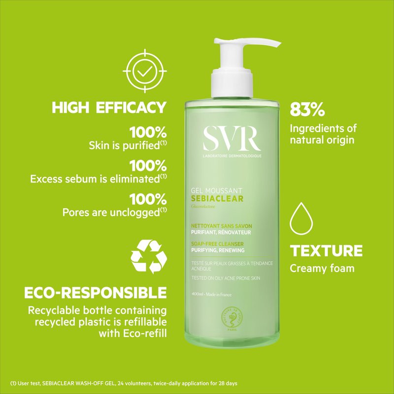 SVR - Sebiaclear Foaming Gel - Face & Body Cleanser with Salicylic Acid & PHA - For Teenagers to Adults, Combination, Oily, and Sensitive Skin - Gently Cleanses and Unclogs Pores - 13.5 fl.oz