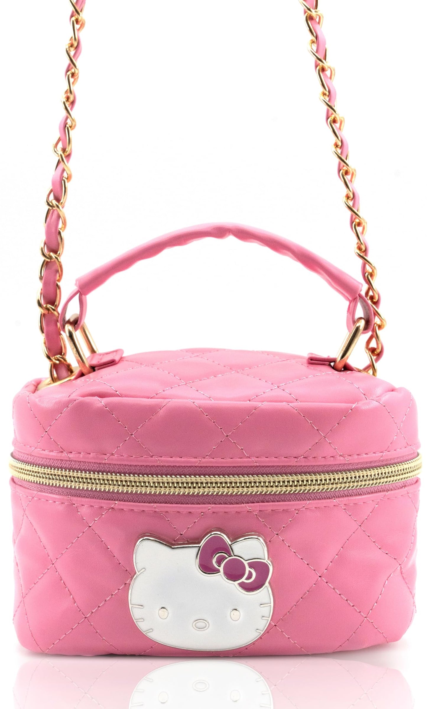 Sanrio Hello Kitty Crossbody Bag for Women | Pink Quilted PU Leather Mini Purse with Gold Chain Strap | Cute Hello Kitty Handbag, Top Handle Bowler Bag, Y2K Kawaii Aesthetic for Teens, Girls