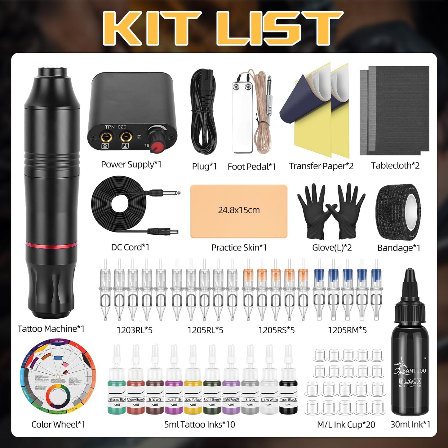 BAMTTOO Tattoo Pen Kit Tattoo Cartridge Needles Tattoo Machine for Beginners Rotary Tattoo Pen Kits Complete Tattoo Sets (BLACK)