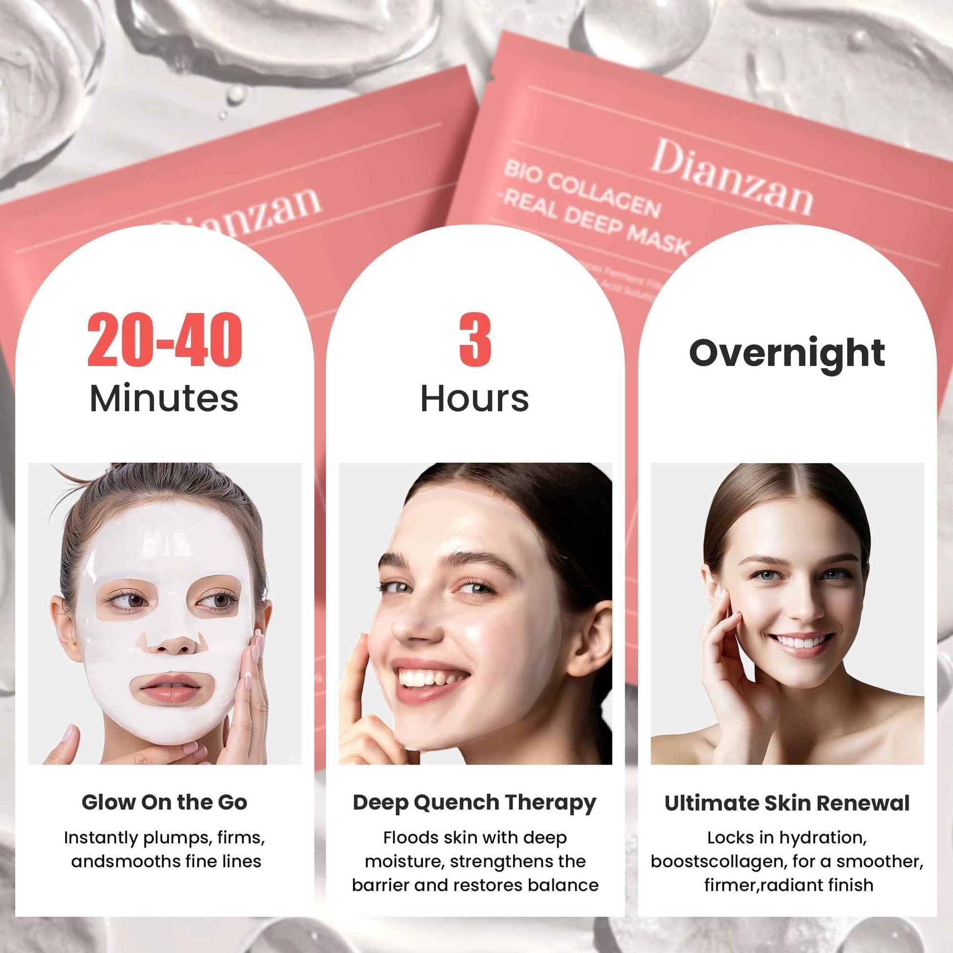 Dianzan Korean Overnight Bio-Collagen Mask, Deep Moisturizing, Firming, Glowing Glass Skin Mask, Brings Glass-Like Glow, Shrinks Pores, Diminishes Fine Lines, Gentle on Sensitive Skin, 35g x 4ea