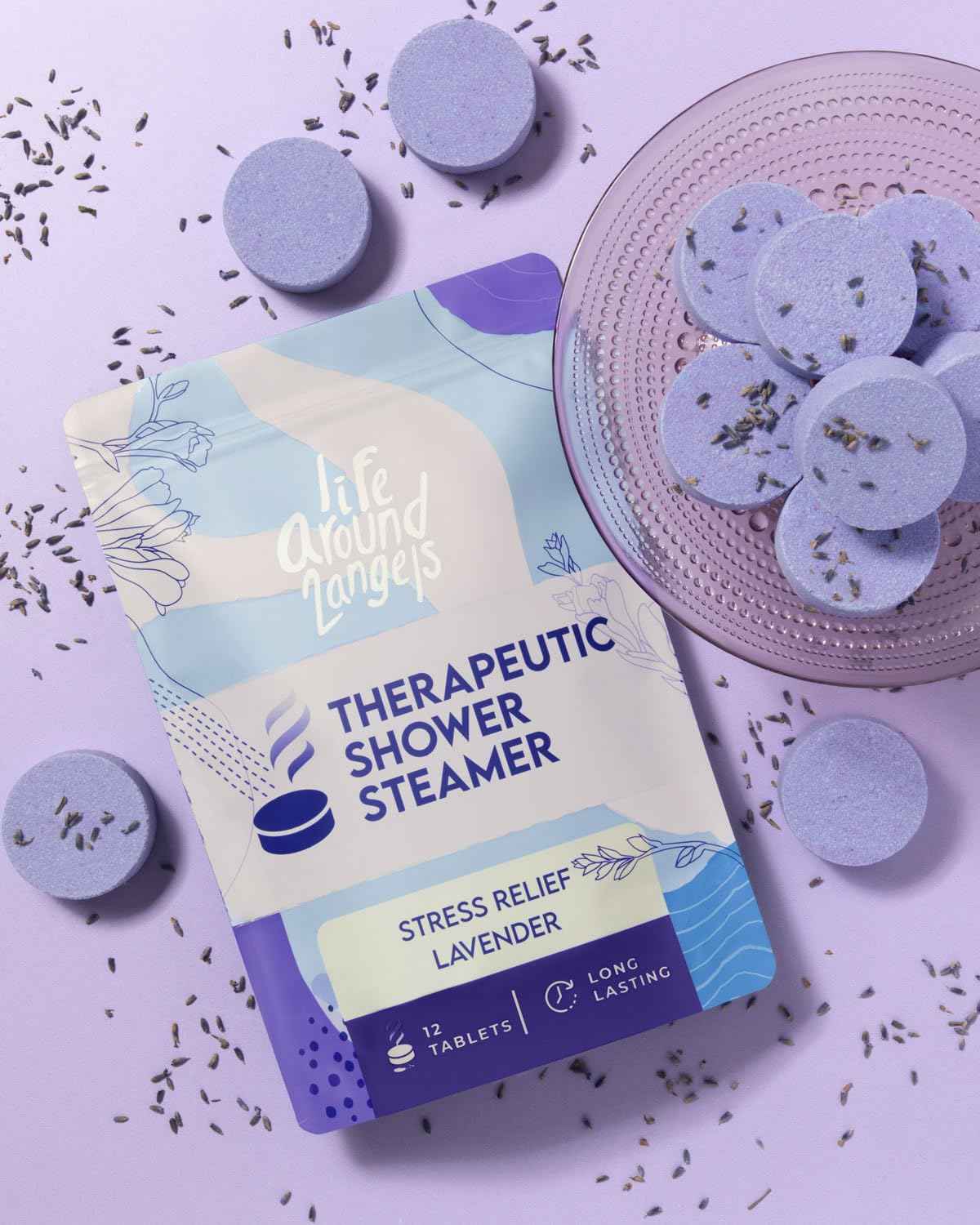 Lifearound2angels Therapeutic Shower Steamer 12 Pack Made in USA Stress Relief Lavender Shower Vapor Shower Bomb Tablets Self Care Relaxation Gifts for Women Spa Christmas Gifts Stocking Stuffer
