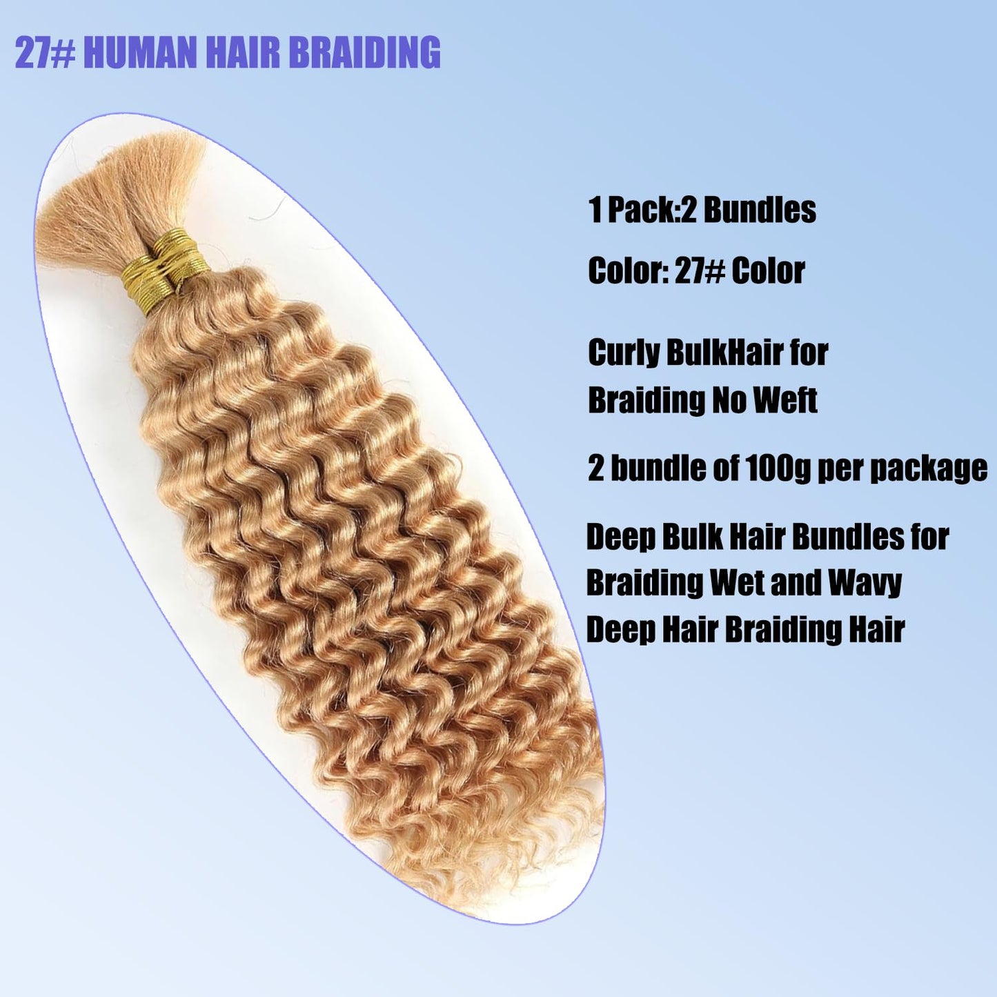 Human Braiding Hair - 24 Inch Deep Wave Extensions | 100g Bulk No Weft for Boho Box Braids - #27 Honey Blonde