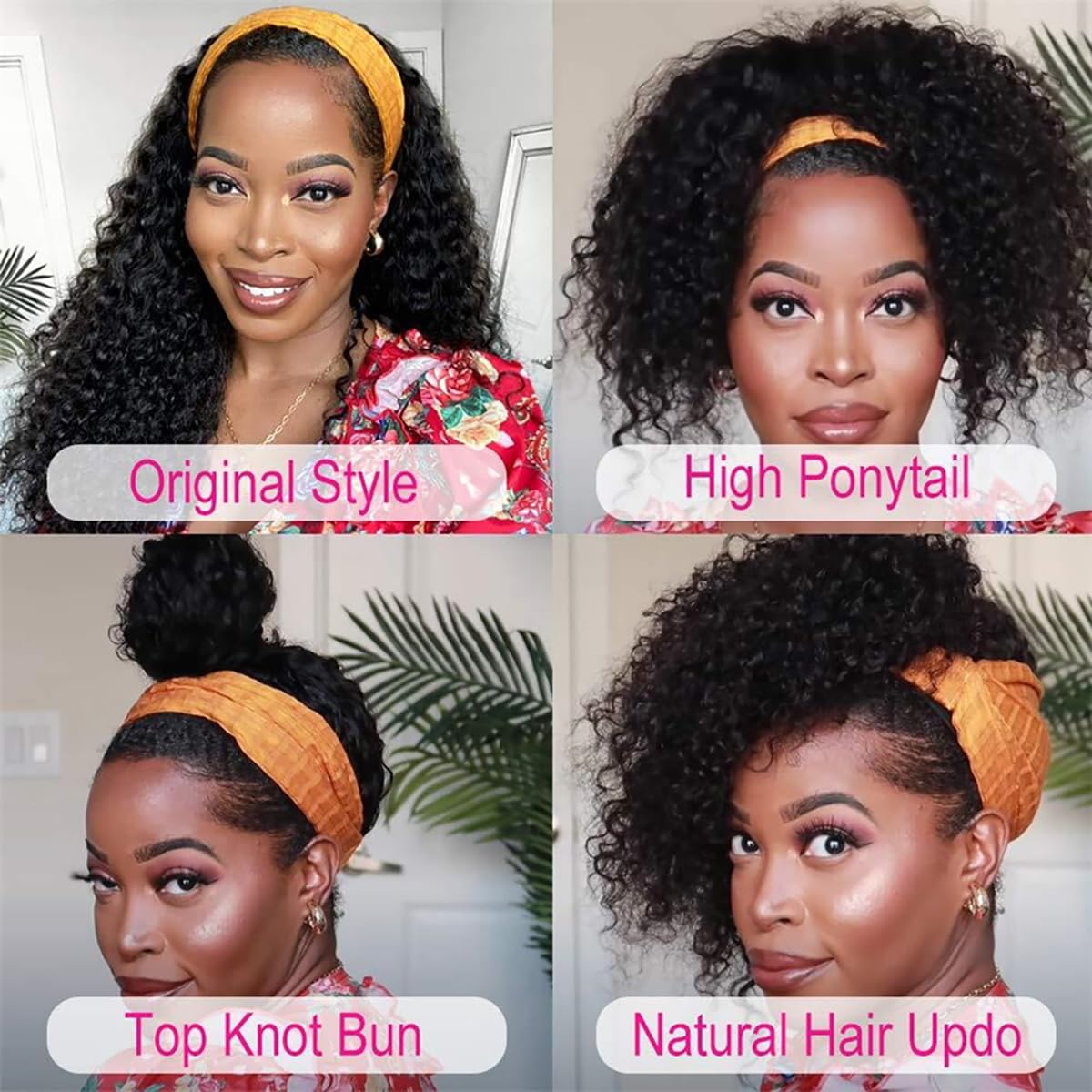 Maytune Headband Wig Curly Human Hair 14 Inch Headband Wigs Glueless Deep Wave None Lace Front Wigs for Black Women Water Wave Headband Wigs 150% Density Natural Color