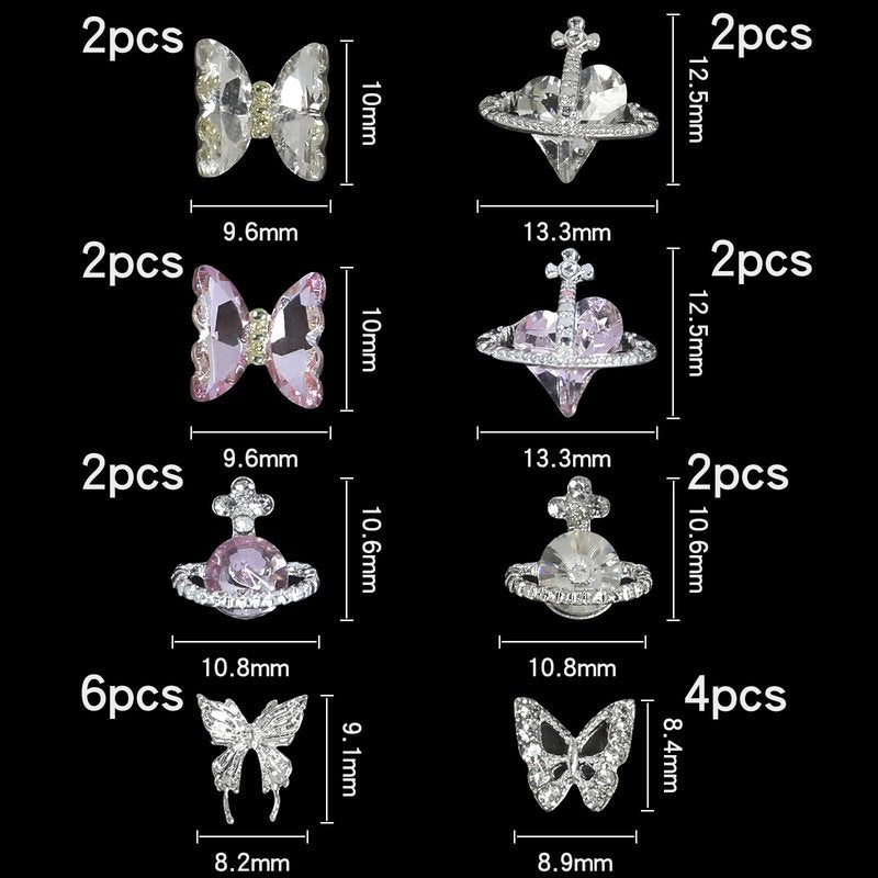 DZHILHMX Assorted Nail Charms - 3D Multi Shapes Size, Flat Back Rhinestones, Planet, Butterfly, White Pink Pearl, Bow, with Kit, for Nail Art