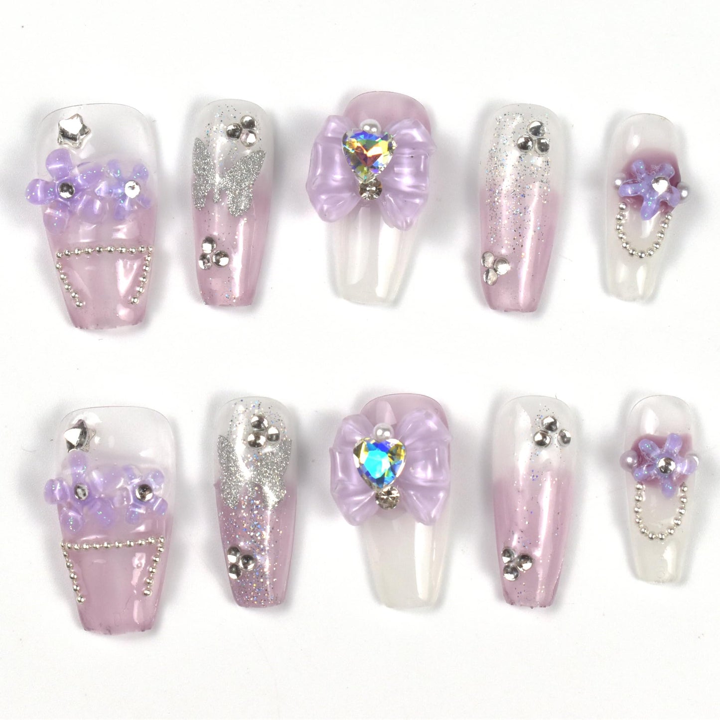 Handmade Fake Nails Long Purple Rhinestones Bow Flowers Design Press-on Nails Printing Glitter Silver Butterfly False Tips 10Pcs Size L