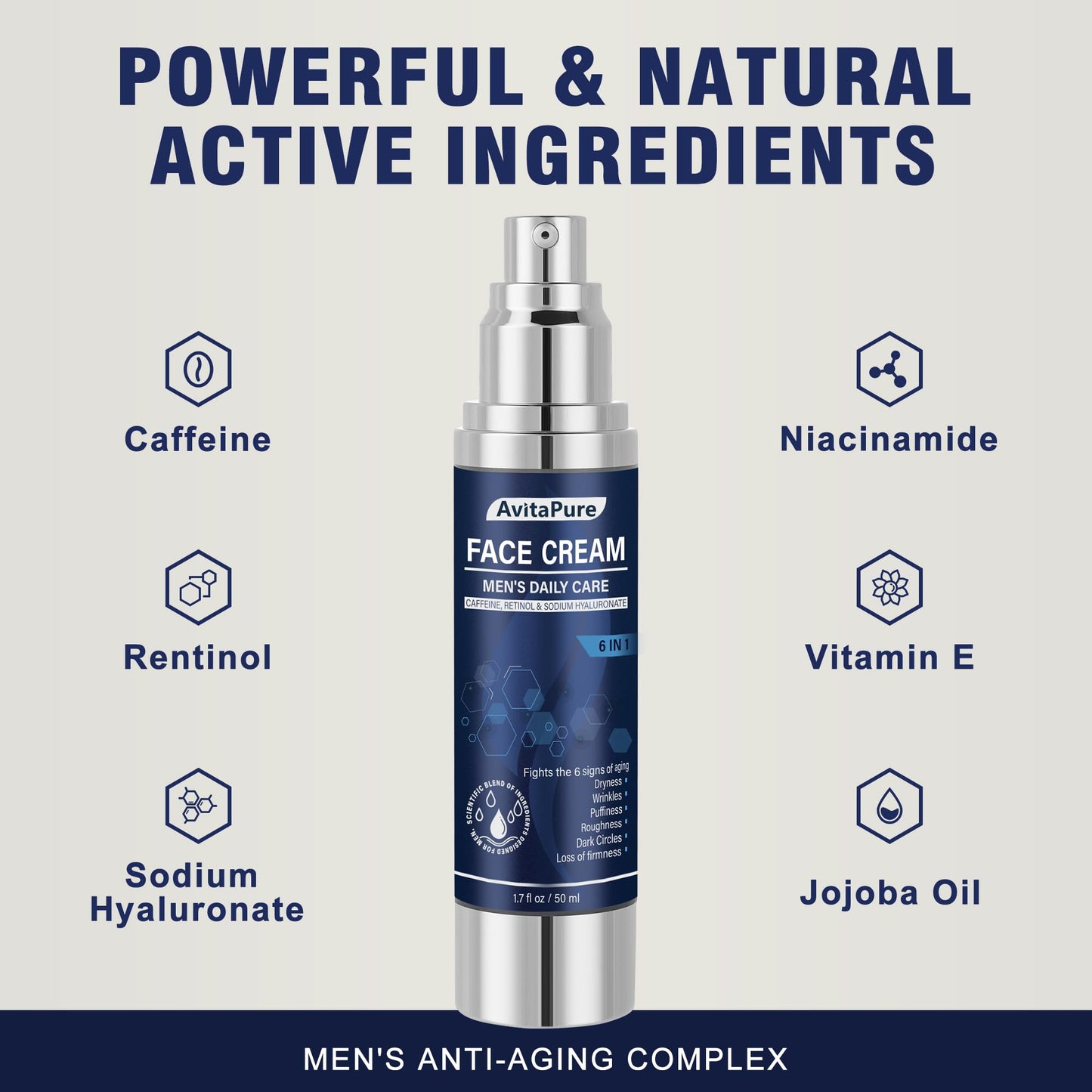 6-in-1 Face Cream for Men – Mens Anti Aging Face Cream w/Caffeine & Retinol to Firm, Hydrate & Refresh Skin, Quick-Absorbing Non-Greasy Formula (1.7 Fl Oz (Pack of 2))
