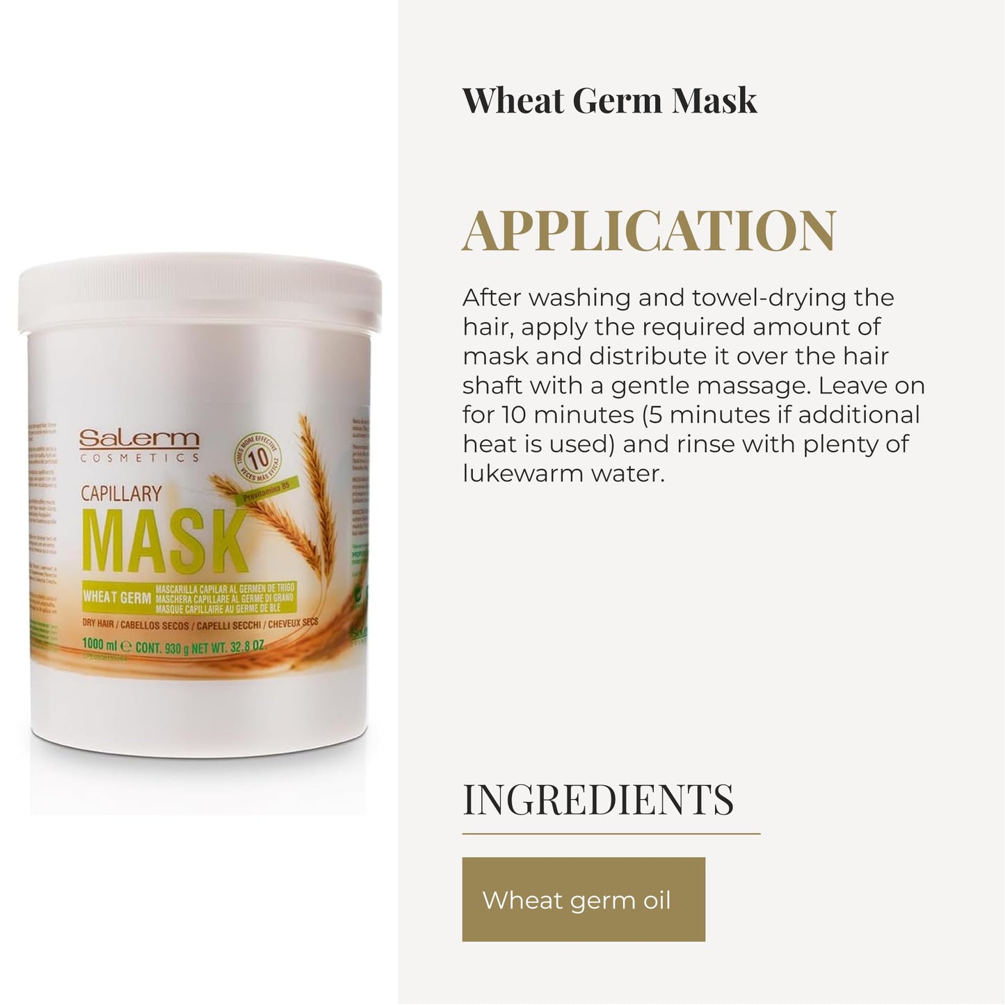 SALERM - Nourishing Hair Mask - 1000 ml - with Wheat Germ - for Dry and Damaged Hair - Deep Hair Hydration - Shine and Brightness - Hair Strengthening