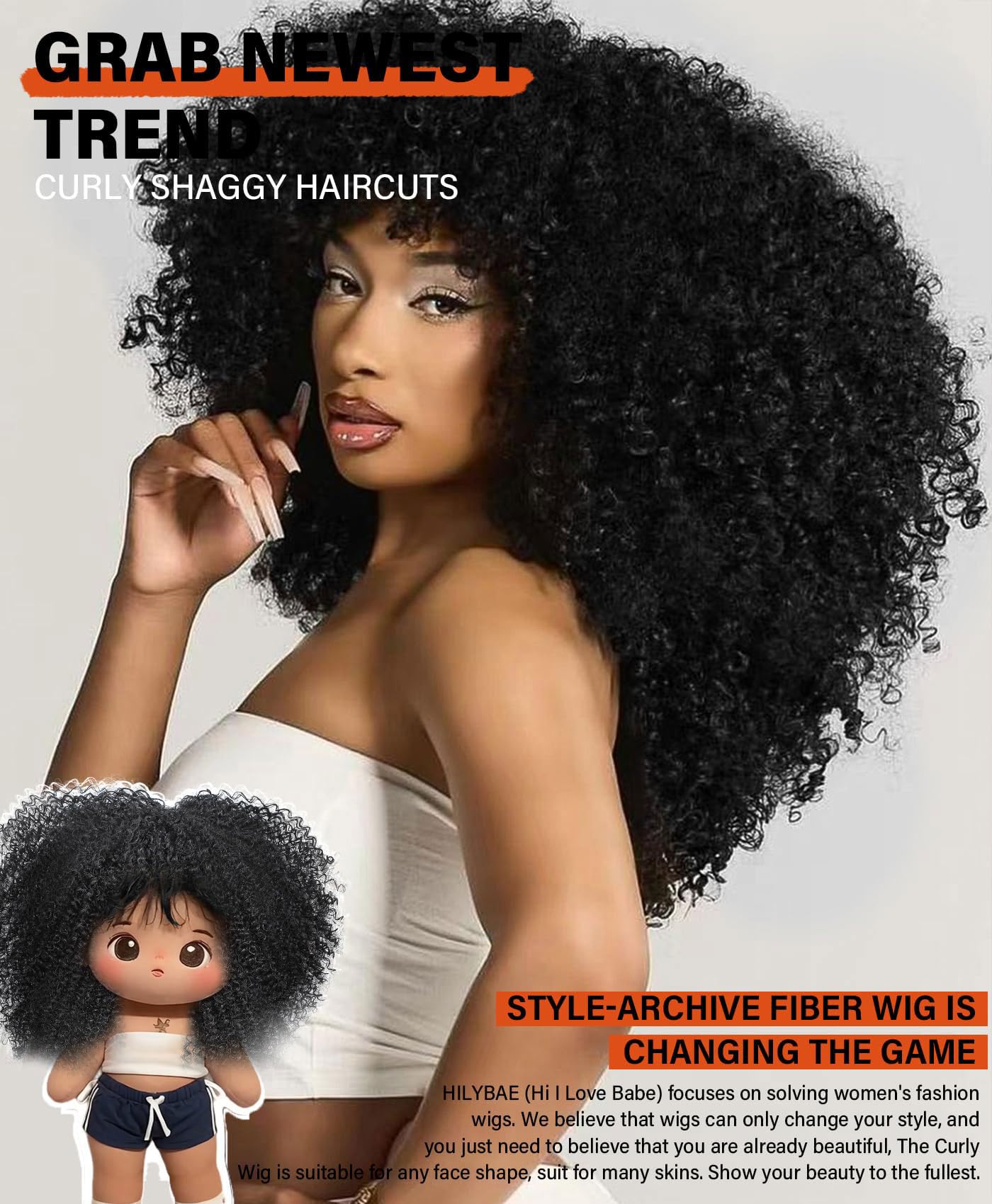 HILYBAE Curly Wig Afro Curly Wigs for Black Women Afro Kinky Curly Wig With Bangs Full and Fluffy Glueless Wig Synthetic Hair Replacement Wigs for Cosplay and Daily