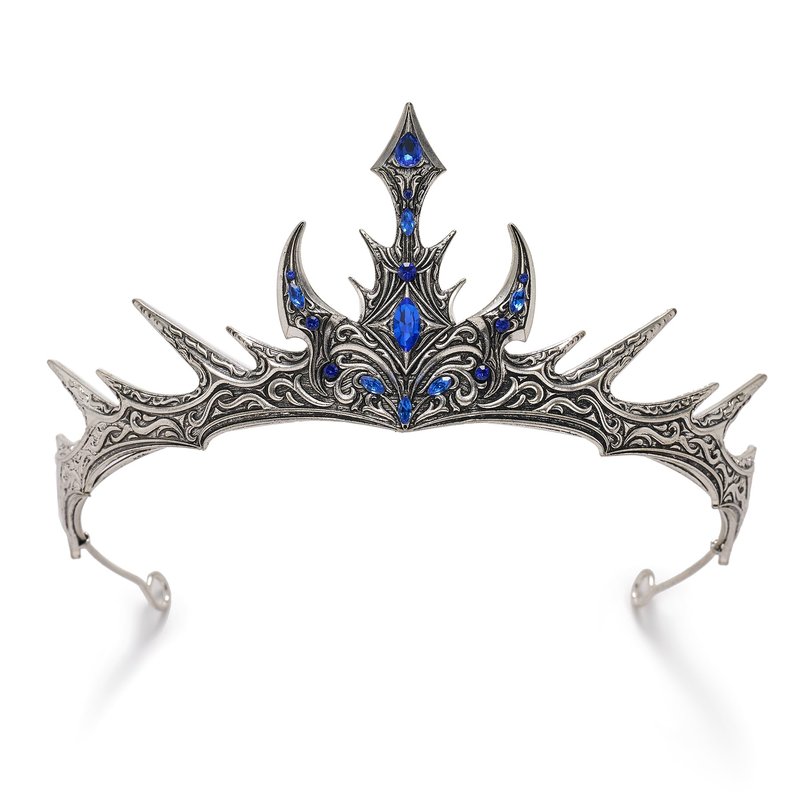 SWEETV Gothic Crowns for Women Tiara Queen Crown Witch Hair Accessories for Costume Halloween Prom Party (Silver+Blue)
