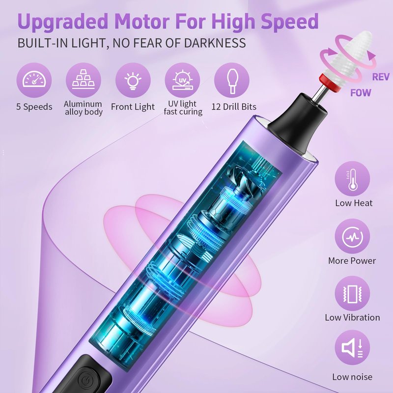 YLYYCC Electric Nail Drill Cordless Nail File with UV Lamp:Professional for Acrylic Gel Dip Powder Nails Portable Nail Kit Machine for Women Girl Manicure Pedicure Nail Set Rechargeable Lightweight
