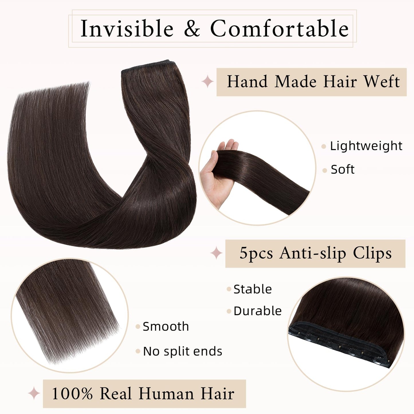 SEGO One Piece Clip in Extensions, 5 Clips Real Human Hair Extensions, Long Straight, 10 inches, #04 Chocalate Brown