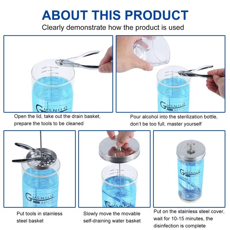 Comb-shaped Salon Disinfectant Jar (42 Oz) by Gusnilo – Stainless Steel Tray Included, Fits Nail & Hairdressing Essentials