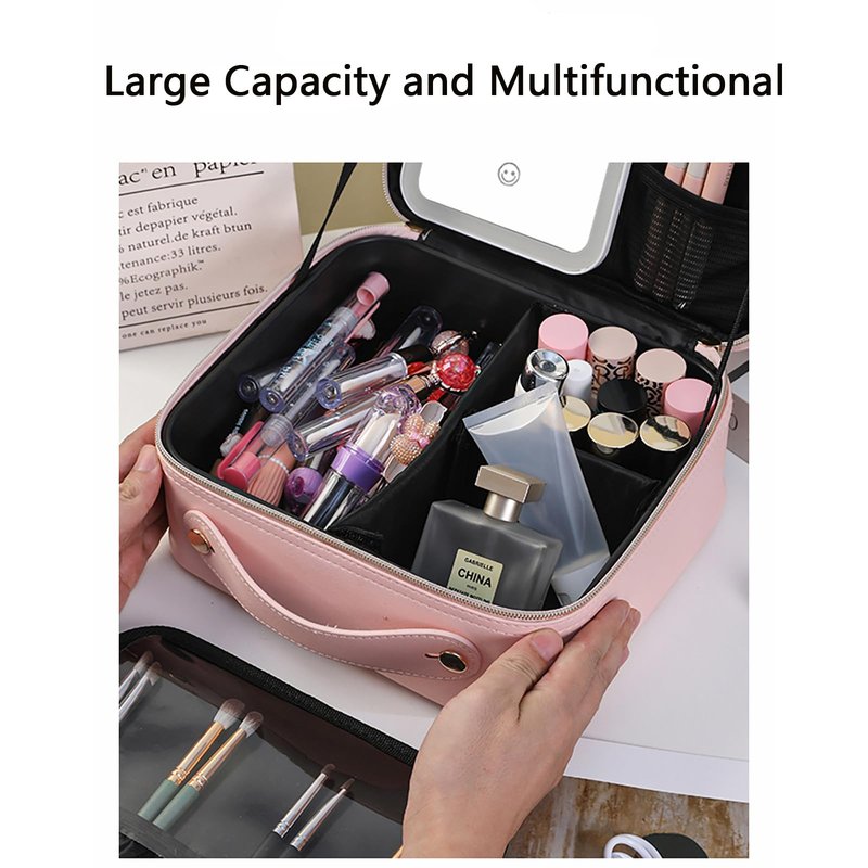 Linsiter Professional Makeup bag with Mirror and Light, Cosmetic Train Cases Waterproof PU Leather, Large Capacity, Pink