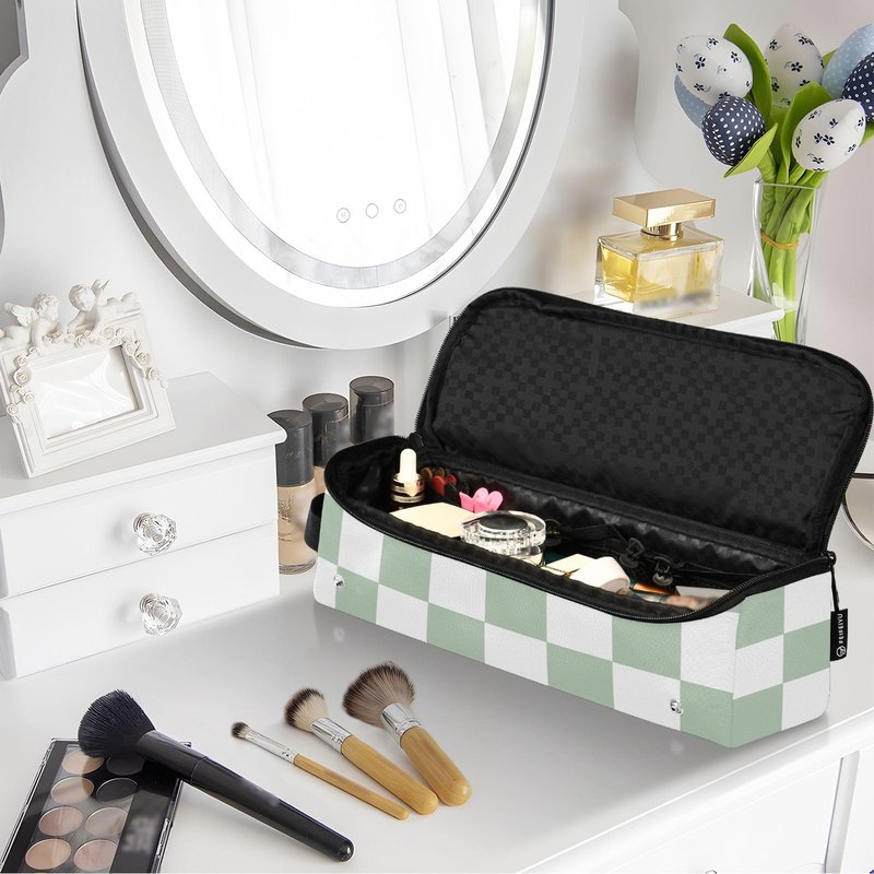 Checkered Green and White Hair Tools Travel Bag with Heat Resistant Mat Detachable 2-in-1 Curling Iron Travel Case Hot Tools Organizer for Straightener Flat Iron