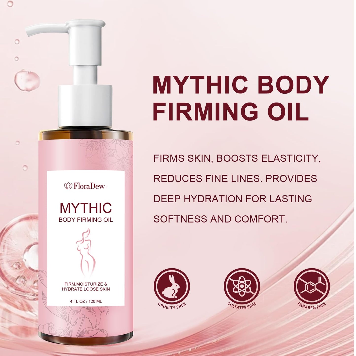 FloraDew+ Mythic Body Firming Oil for Women, Citrus Scented Moisturizing Body Oil, 4 FL OZ Vitamin E Skin Care Oil, Lightweight Fast Absorbing Daily Body Oil for Dry Skin