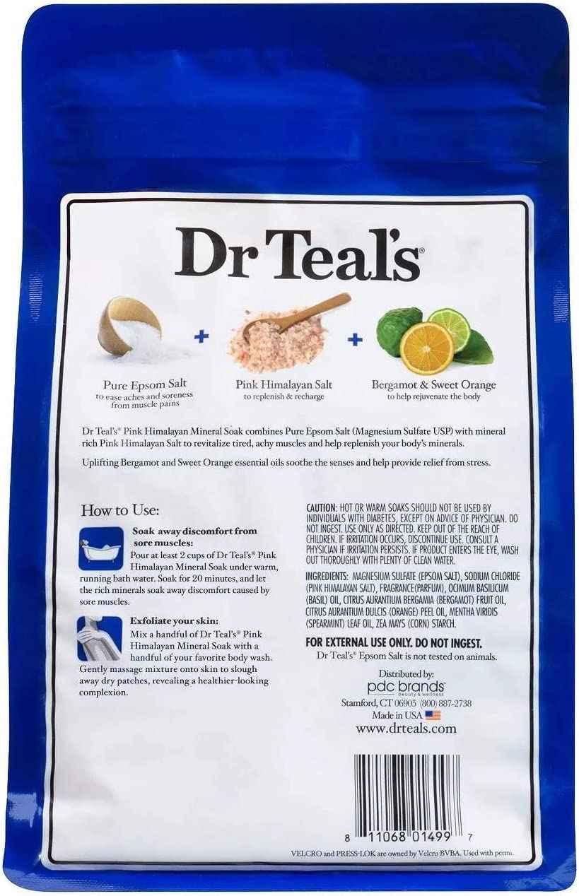 Dr. Teals Pink Himalayan Pure Epsom Salt Soaking Solution (2 Bag, 6lbs Total) - Restore & Replenish with Bergamot & Sweet Orange Essential Oils
