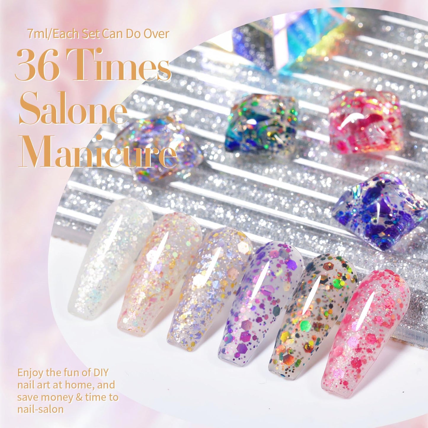 Born Pretty Glitter Sequins Gel Nail Polish, 6 Colors Pink Yellow Sparkly