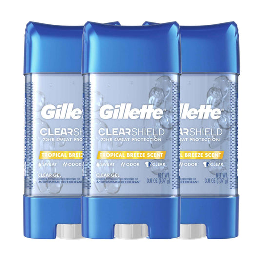 Gillette Antiperspirant and Deodorant for Men, 72hr Sweat & Odor Protection, Long Lasting Freshness, Anti-White Mark Technology, Clear Gel, Tropical Breeze Scent, 3.8 oz (Pack of 3)