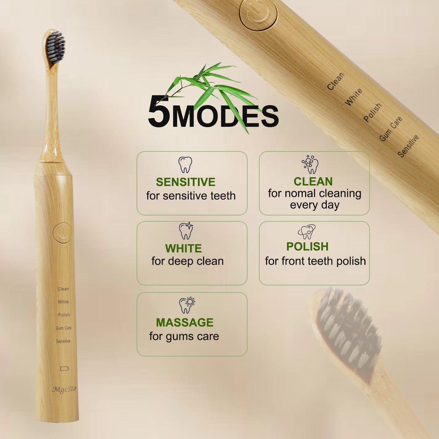 MgcSto Sonic Bamboo Electric Toothbrush for Adults - Rechargeable Electric Toothbrush -4 Pack Bamboo Repalcement Brush Heads| 5 Cleaning Modes Long-Lasting Battery