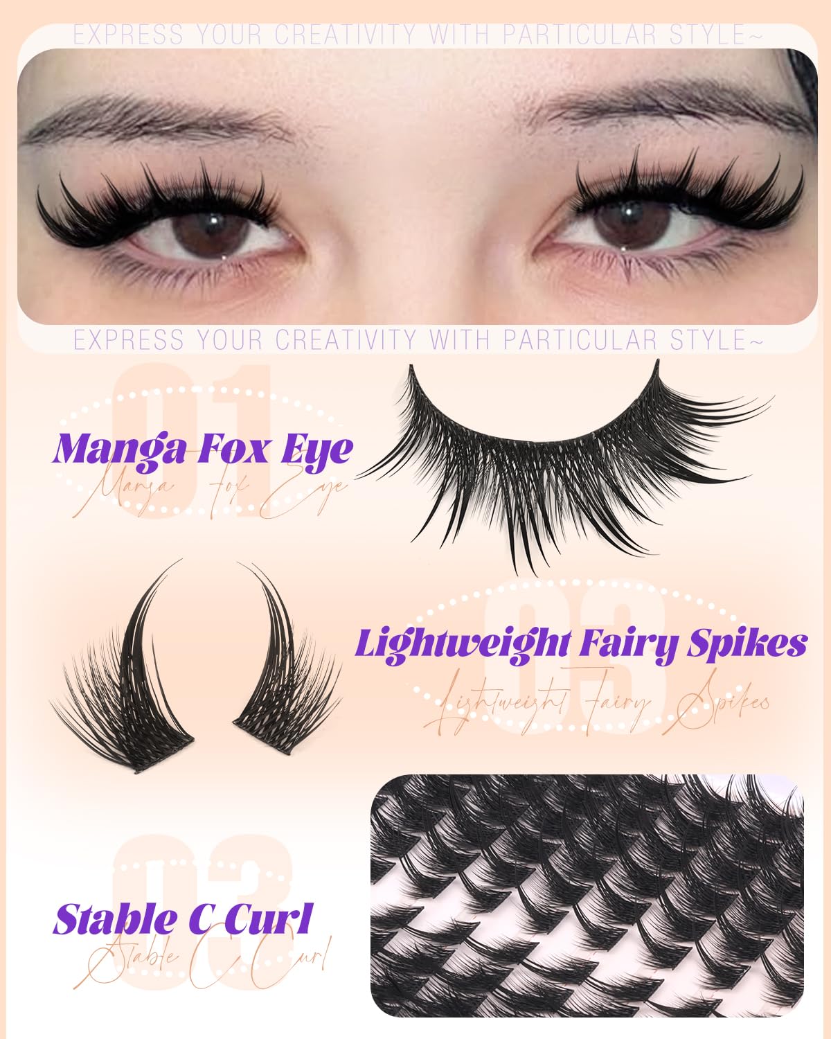 YDAGKH Lash Clusters Fox Eye Spikes Eyelash Extension Wispy Manga Cluster Eyelashes Fairy Spiky Cluster Eyelash Extensions 144Pcs Cat Eye Individuals Lashes Long DIY Volume Anime Lash Extension