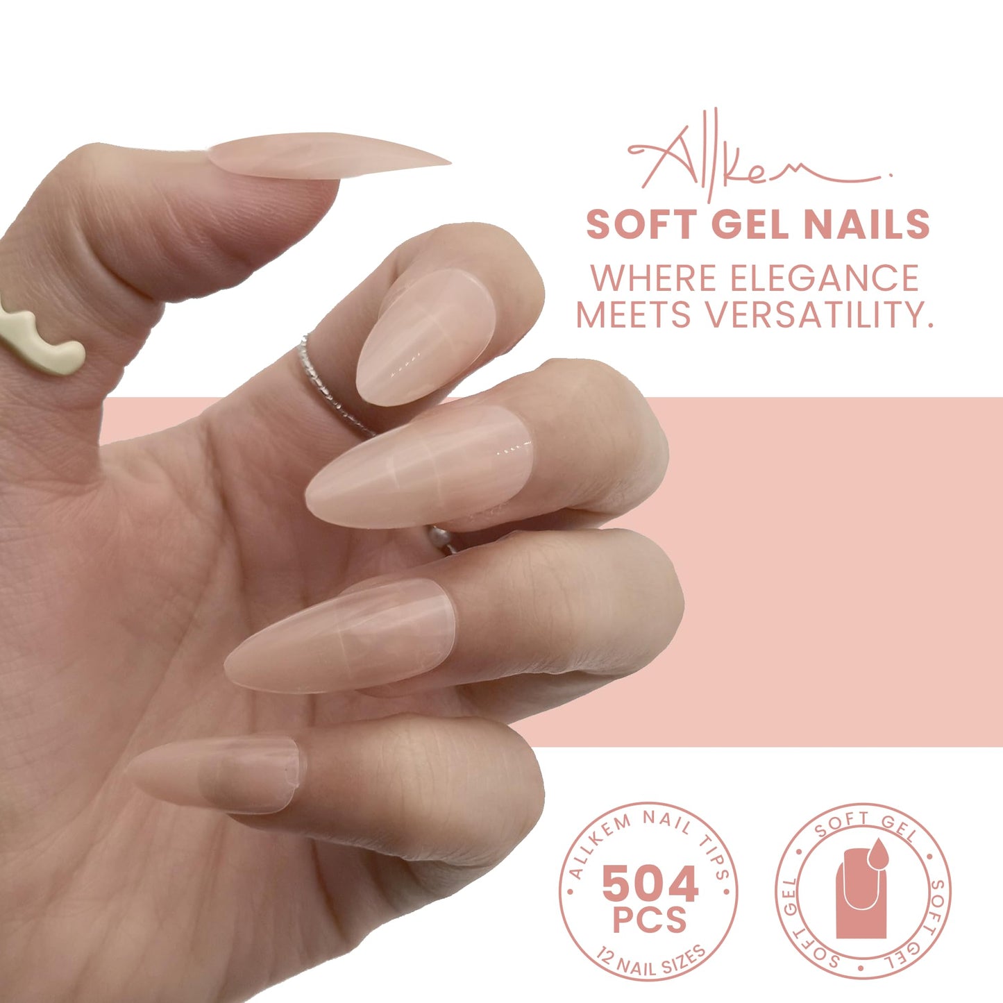 Allkem Soft Gel Nail Tips - Medium Short Almond Nail Extensions Kit - 12 Sizes Short Full Cover Nails - Neutrals - Bold (504 Pieces)