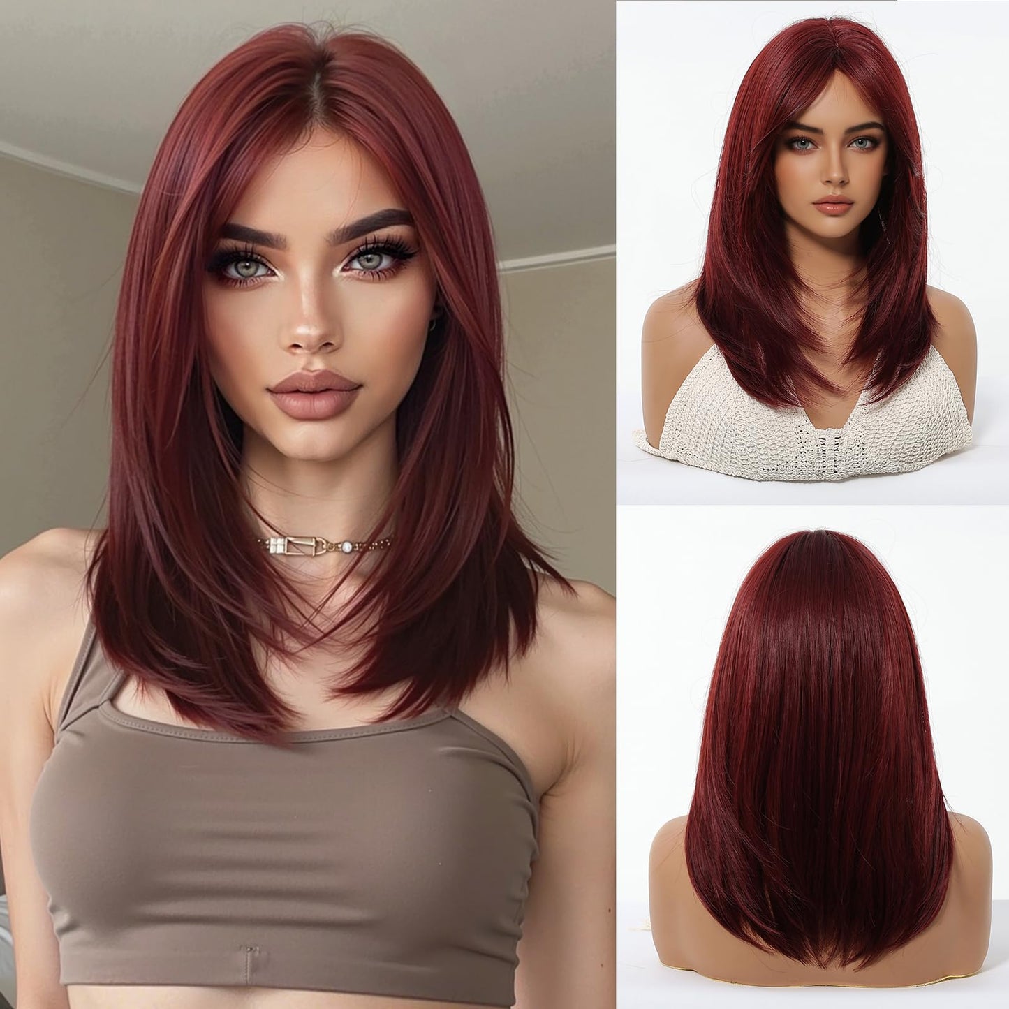 MS.FEEL Black Mixed Brown Wigs For Women Medium Length Layered Straight Wig Middle Part Glueless Synthetic Wigs for Daily Party Use 16 Inch