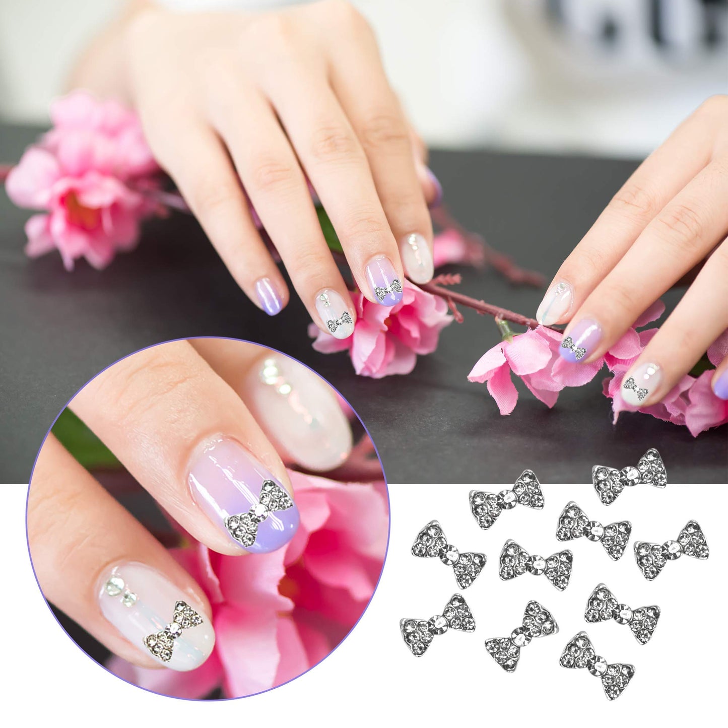 AUEAR, 40 Pack Nail Bows Charms Rhinestones Charming 3D Nail Art Charms Bow Tie Crystal Pendant Decals DIY Decoration for Women Beauty Design Jewelry Craft, Silver