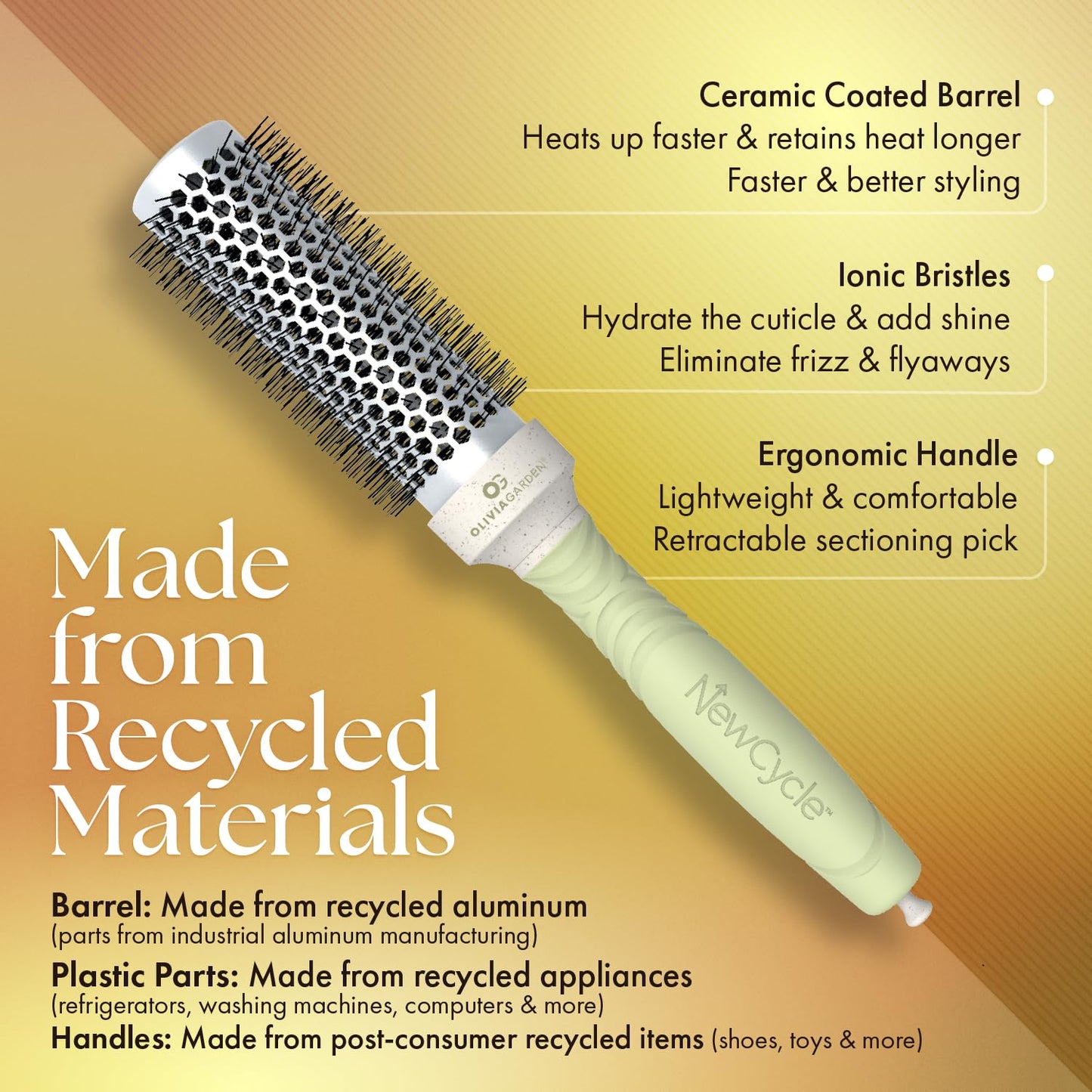Olivia Garden NewCycle Round Thermal Hair Brush (not electrical) with ceramic barrel, ionic technology and made from 100% recycled material (except bristles)
