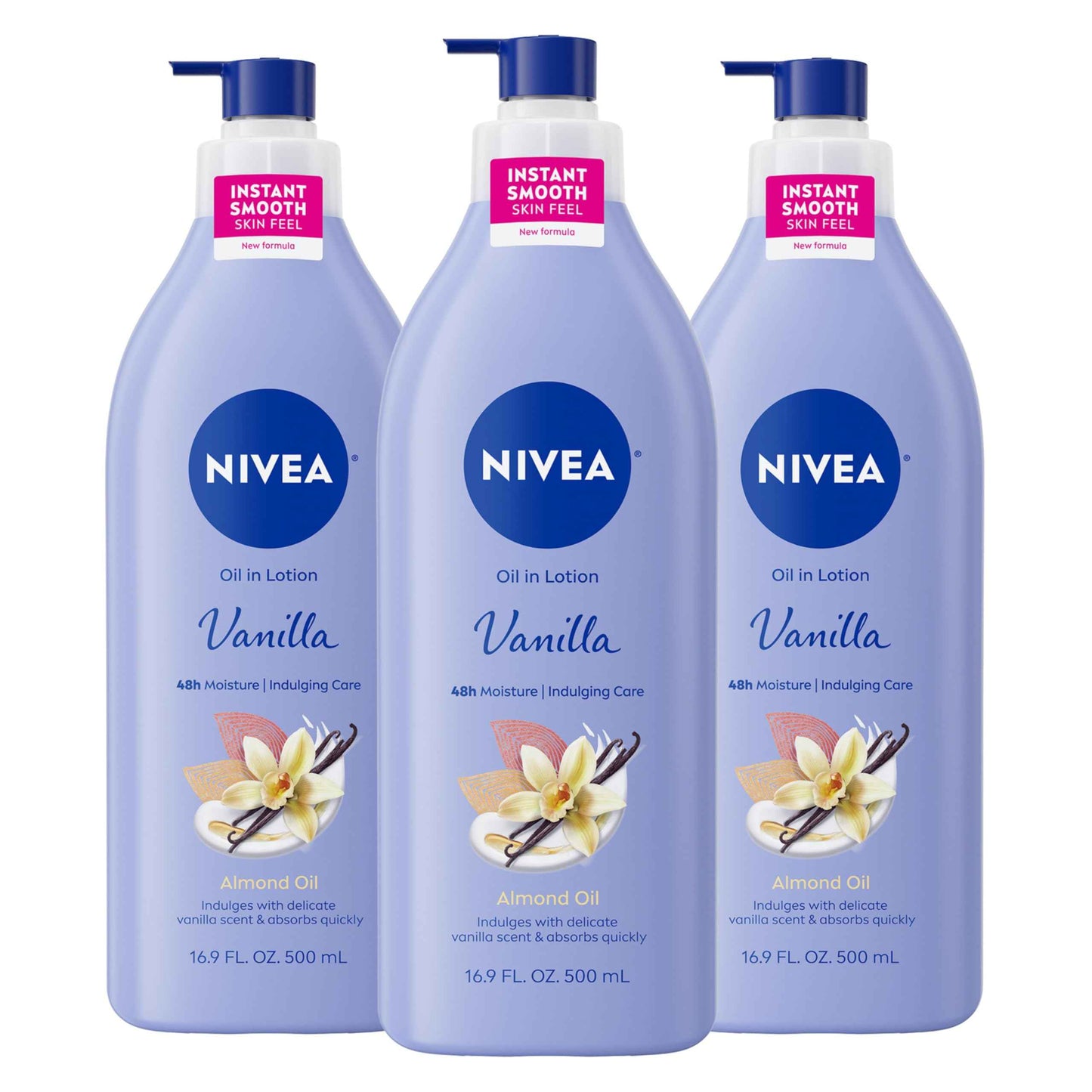 NIVEA Oil Infused Vanilla and Almond Oil Body Lotion for Women, Fast-Absorbing and Non-Greasy Vanilla Scented Lotion Moisturizes for 48 Hours, 16.9 Fl Oz Pump Bottle, Pack of 3