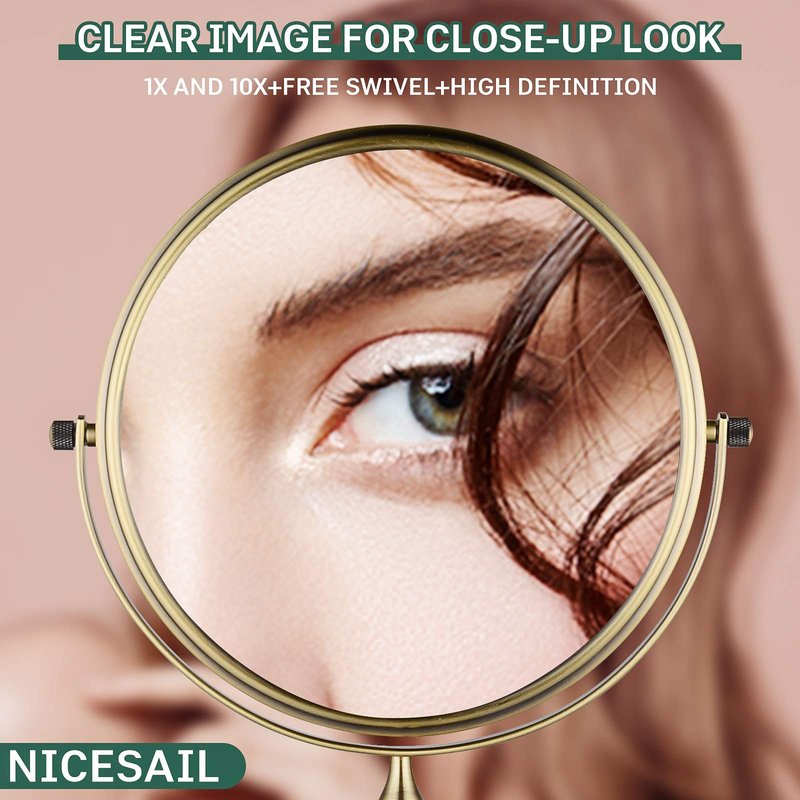 Nicesail Tabletop Makeup Mirror, Double-Side 1X-10X, 360 Swivel Magnifying Mirror for Table Desk Make up Vanity, No Light Antique Bronze (8 Inch, 10X)