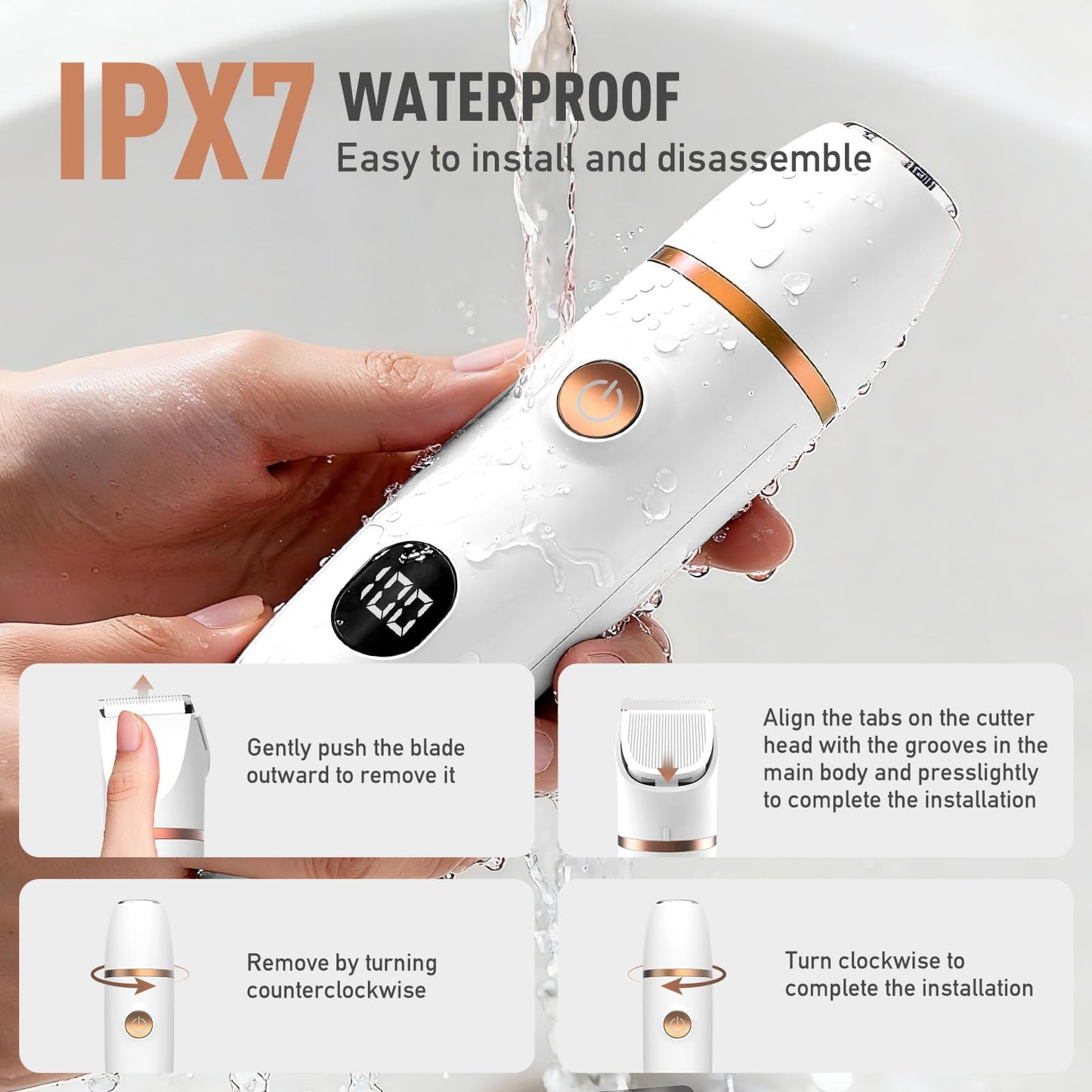 Crolanli Bikini Trimmer for Women, 3-in-1 Electric Razor, IPX7 Waterproof Ceramic Blades, Wet & Dry Use, LED Display, Painless Shaver for Bikini, Face, Underarms, Legs, Home Travel (White)