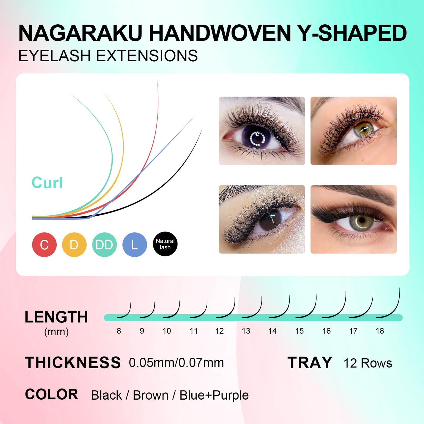 NAGARAKU 5 Trays yy Eyelash Extensions y lash 0.07mm D curl 11/12/13/14/15mm in 1 pack Premade 4D Easy Fan Russian Volume Cluster Faux Mink Matte Black 12 rows