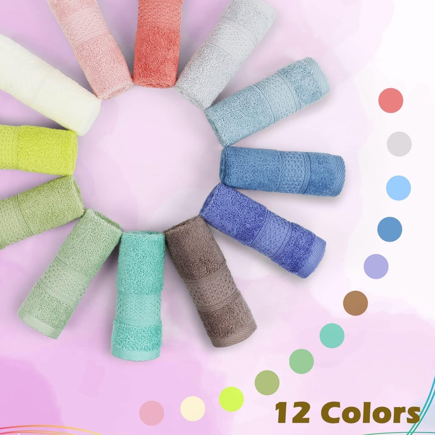 Cleanbear 100% Cotton Washcloths 12 Pack Bath Wash Cloths Facecloths, 13 by 13 Inches Large Bathroom Washcloth Set 12 Assorted Colors (Multi, 12)