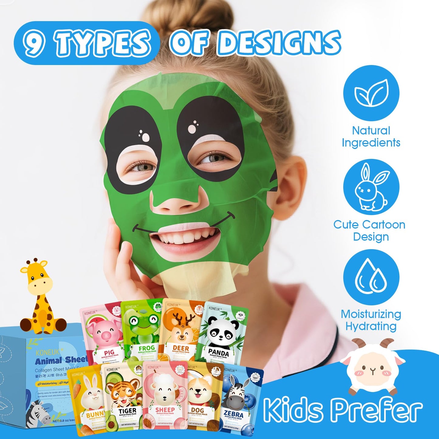 KONEUK 36 Pack Cute Animal Kids Face Mask, Sheet Collagen Moisturizing Face Mask for Girls Teens, Sleepover Party Supplies, Bulk Spa Party Gifts and Birthday Gifts