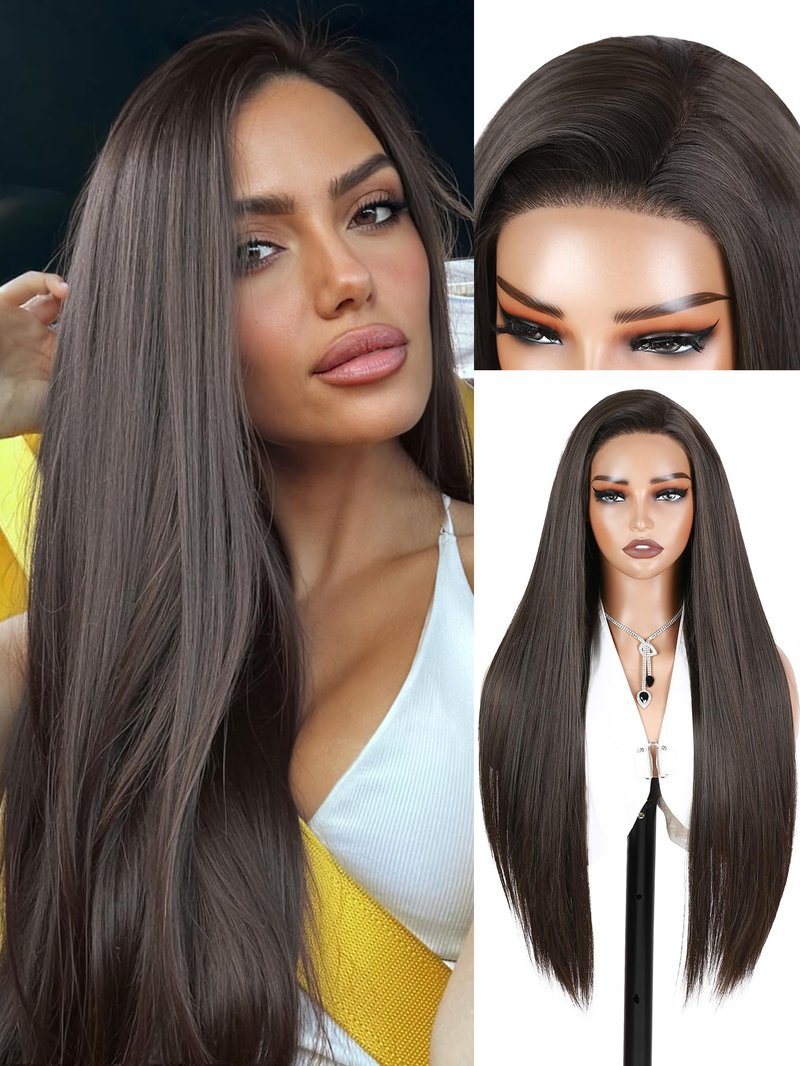 WIGER Copper Brown Straight Lace Front Wig Long 28 Inch Pre Plucked Hairline Wig for Women Natural Looking Synthetic Straight Wig for Daily Halloween Costume Party