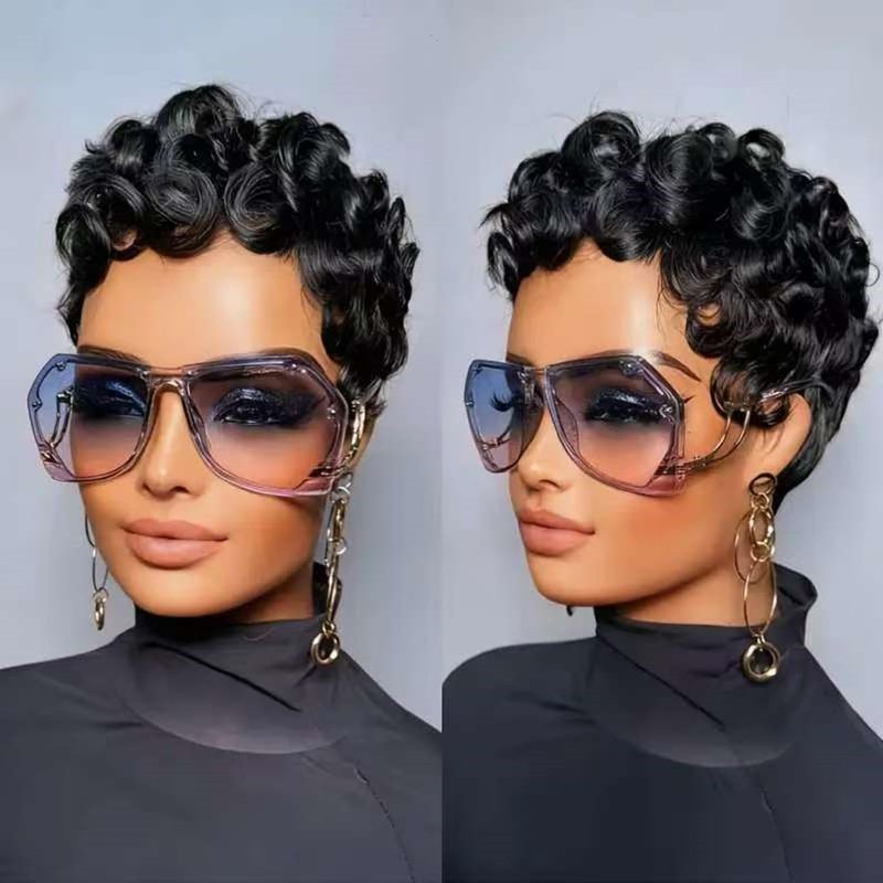 Nigteye Pixie Cut Wigs for Black Women Short Layered Pixie Human Hair Wigs With Bangs Natural Black Color Glueless Short Curly Human Hair Wig Full Machine Made