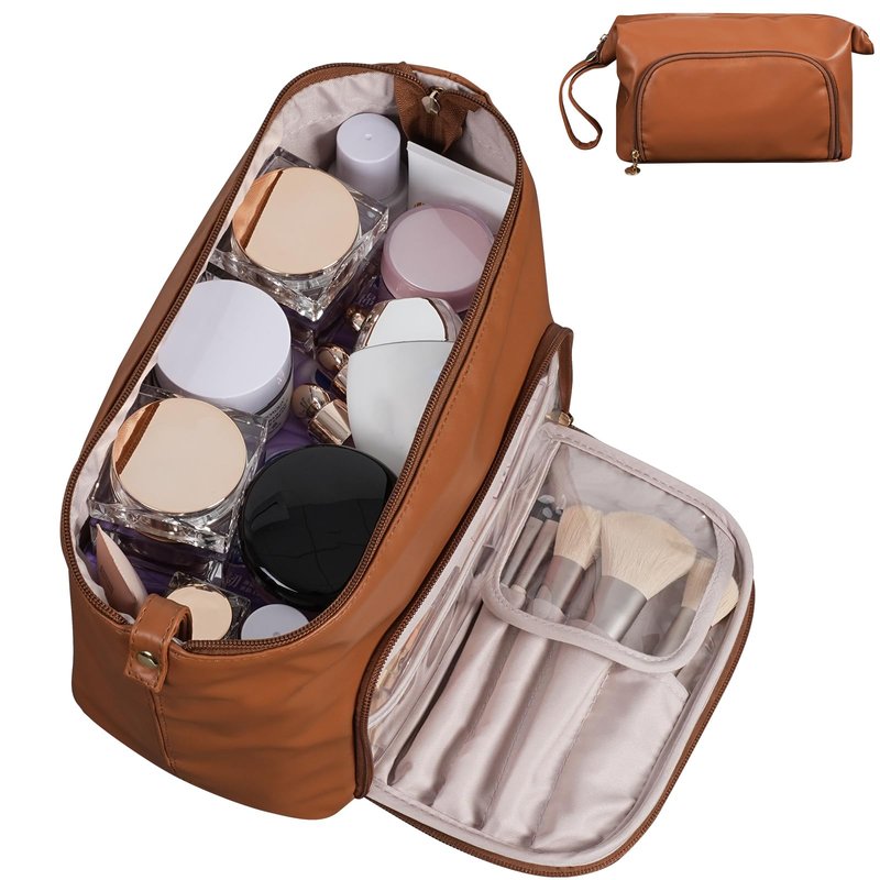 CHATSZ Makeup Bag for Women, Waterproof Cosmetic Bags, Travel Toiletry Bag, Makeup Bag Organizer with Divider and Handle, Wide-Open Cosmetic Case Portable (Brown)