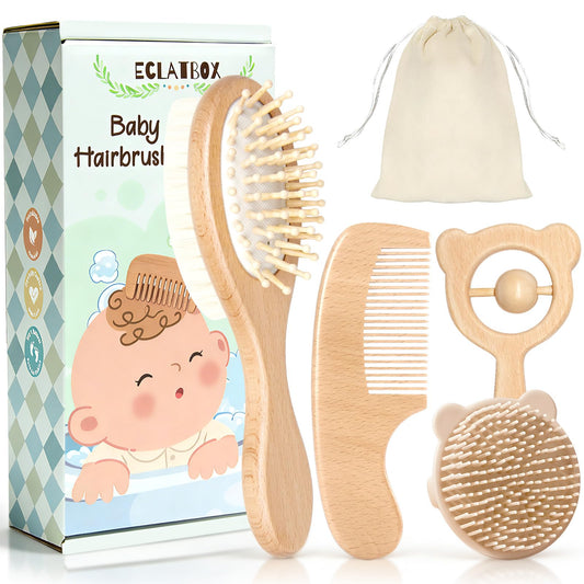 Baby Hair Bush and Comb Set, 5 Pack Wooden Baby Brush with Soft Goat Bristle for Newborns and Toddlers, Perfect for Cradle Cap, Baby Registry Gift, Infant Essentials Care Kit