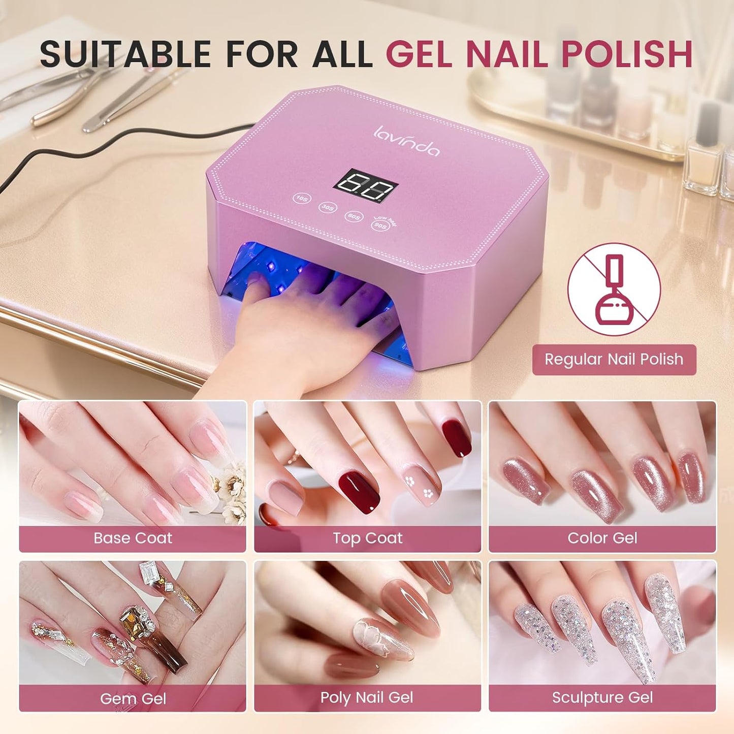 Lavinda 54W UV LED Nail Lamp - Professional Gel Nail Dryer with LCD Display & Auto Sensor | Pink