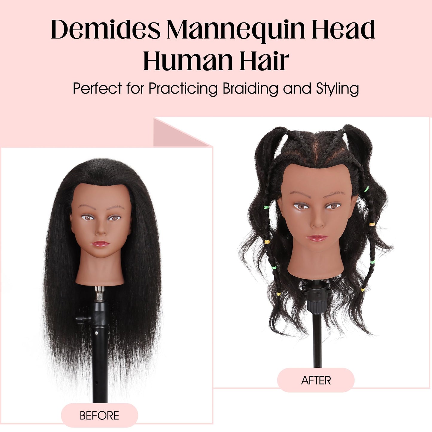 Mannequin Head Human Hair with Ttipod Stand, 100% Real Human Hair for Braiding, Cosmetology Hair Mannequin Head for Hair Styling with Adjustable Stand Tripod