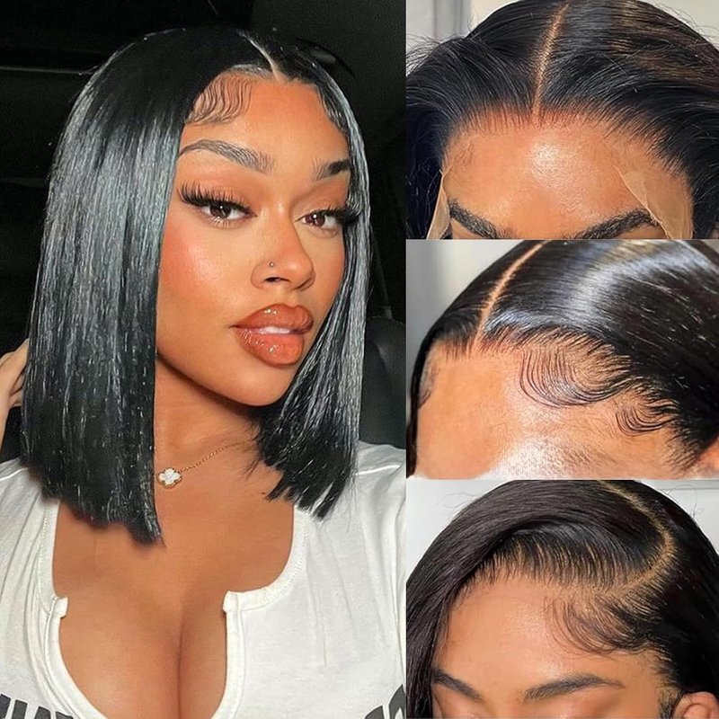 OPNGF Short Bob Wig Human Hair Glueless 13x4 Frontal Lace Wigs For Black Women 12 Inch Straight HD Bob Lace Front Wigs Human Hair Closure Short Bob Wig Pre Plucked Black Wig 180% Density