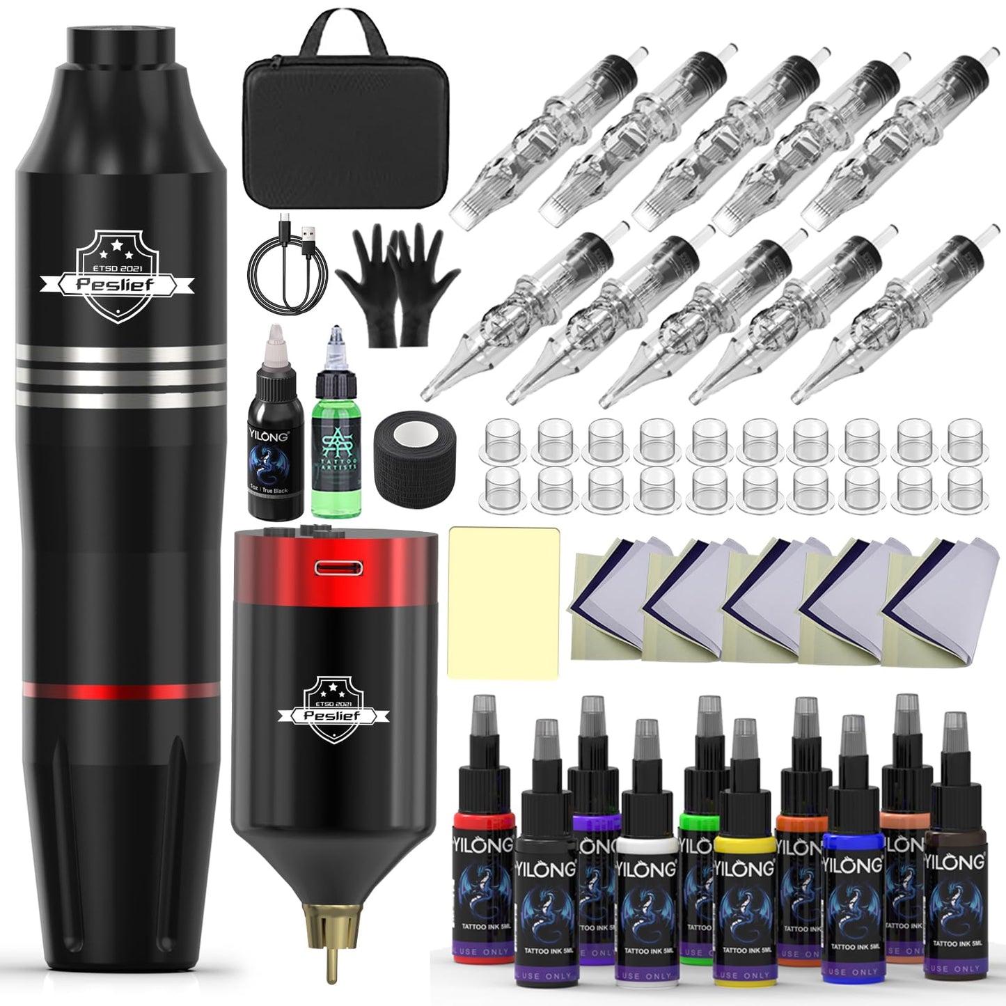 Peslief Tattoo Gun Kit Rotary Tattoo Machine Kit Professional Tattoo Pen Kit with Power Supply 10Pcs Cartridge Needles for Beginners and Artists Complete Tattoo Kit Tattoo Supplies - Black