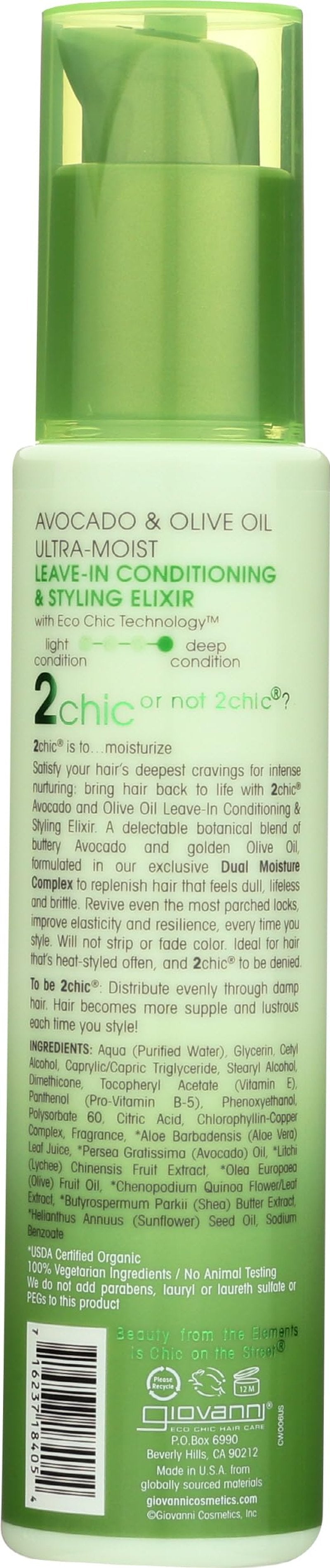 GIOVANNI 2chic Ultra-Moist Leave-In Conditioning Styling Elixir - Smoothes Frizz Prevents Breakage, For Dry & Damaged Hair, Avocado & Olive Oil, Enriched with Aloe Vera, Shea Butter - 4 fl oz