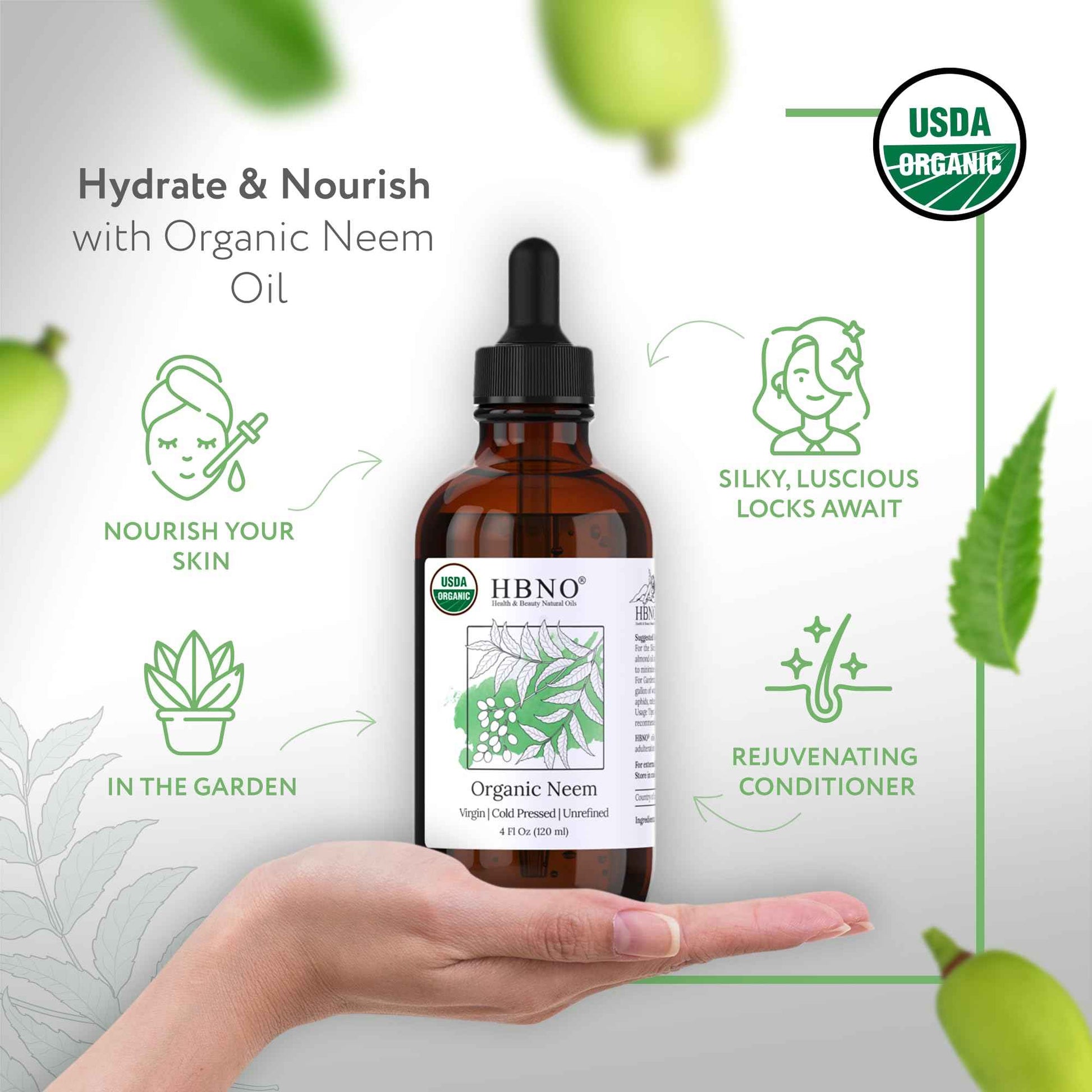 HBNO Organic Neem Oil - 4 oz (120ml) Value Size - Ideal for Face wash, Lotions, Skincare, and Hair Care Products (Glass Bottle)
