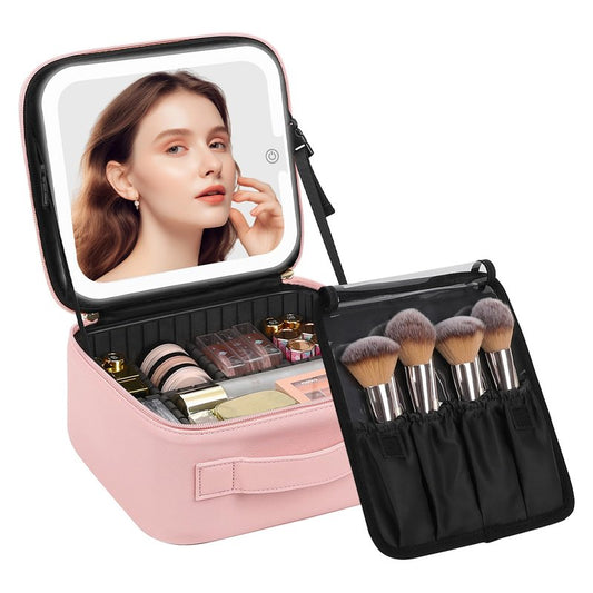 Chomeiu Makeup Bag with LED Mirror, Cute Cosmetic Bags for Women and Girls, Travel Train Case Artists Organizer Large Make Up Bags with 3 Color Light Up Mirror & Removable Brush Compartment, Pink