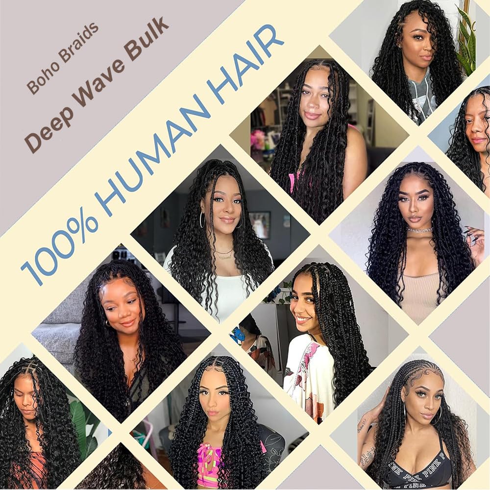 MUNONG Human Braiding Hair Deep Wave Bulk Human Hair for Braiding 50g 22 inch No Weft Curly Braiding Hair Bulk Human Braiding Hair for Boho Braids Hair Extensions Real Human Hair Natural Color