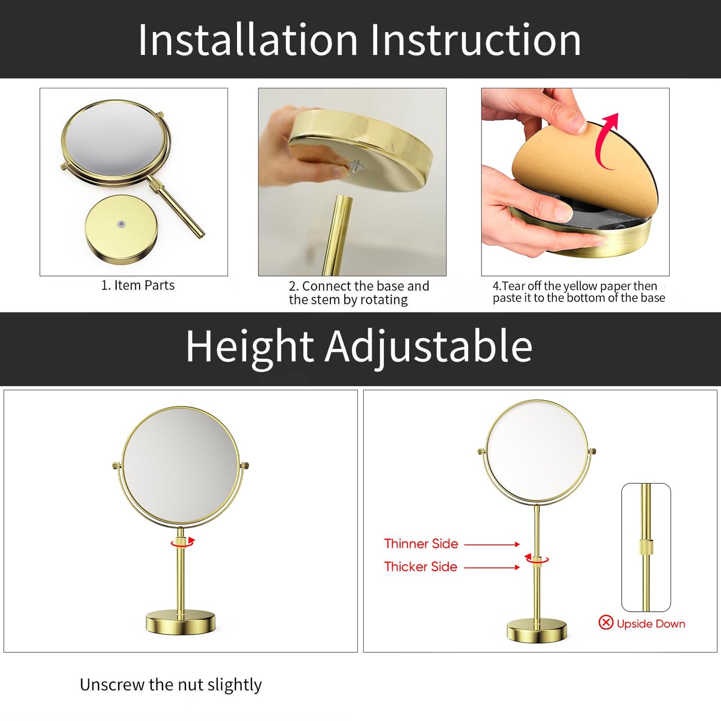 Nicesail Height Adjustable 15~19” Tall Table Mirror, 1X 10X Magnifying Mirror Double Sided for Makeup&Shaving, Desk Vanity Mirror Tabletop 360 Rotation of 8” Face, Bathroom Shiny Gold Makeup Mirror