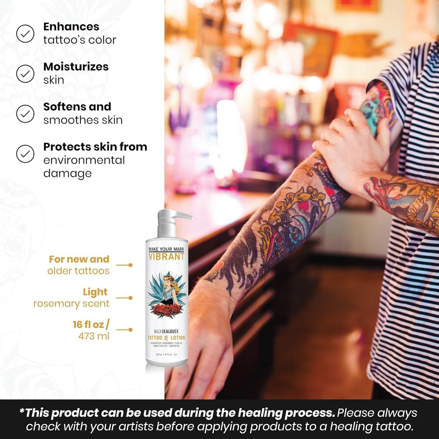 Billy Jealousy Tattoo Lotion for All Skin Types Formulated with Shea Butter, Essential Oils & Green Tea Leaf Extract, Tattoo Aftercare that Nourishes, Brightens & Soothes, 16 Fl Oz